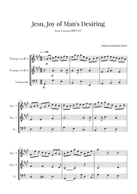 Bach Jesu Joy Of Mans Desiring For 2 Trumpets And Cello Sheet Music