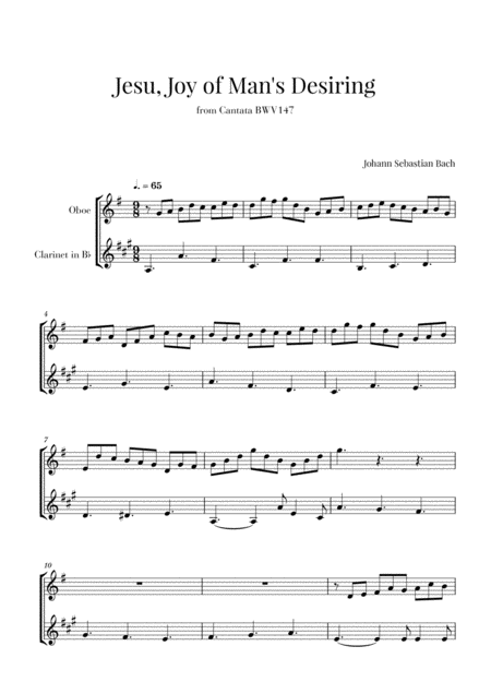 Bach Jesu Joy Of Mans Desiring For Oboe And Clarinet Sheet Music