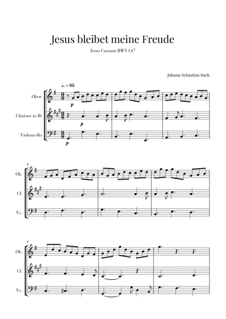 Free Sheet Music Bach Jesus Bleibet Meine Freude For Oboe Clarinet And Cello