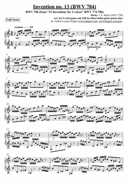 Bach Js Invention No 13 Bwv 784 Arr For G Clef Piano Solo Or For Flute Violin Guitar Piano Duo Sheet Music