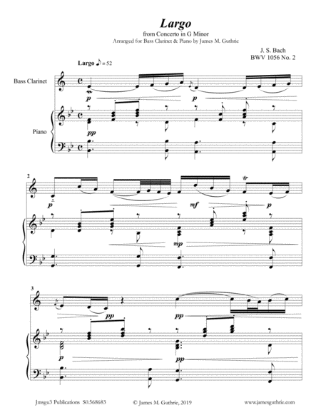 Bach Largo From Concerto Bwv 1056 For Bass Clarinet Piano Sheet Music