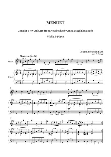 Bach Menuet G Major Bwv From Notebooks For Anna Magdalena Bach Violin And Piano Sheet Music