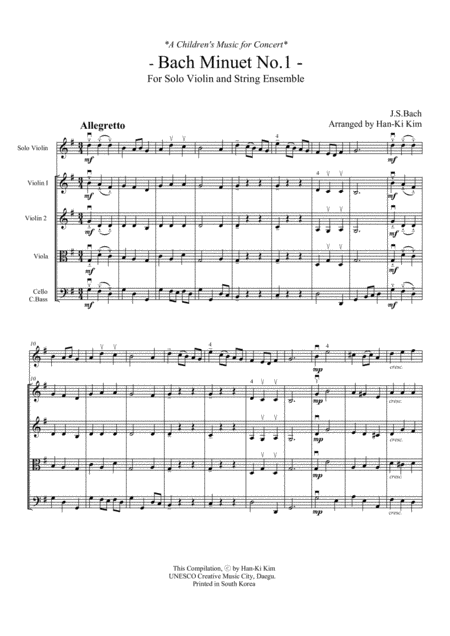 Free Sheet Music Bach Minuet No 1 2 3 For Violin And Strings