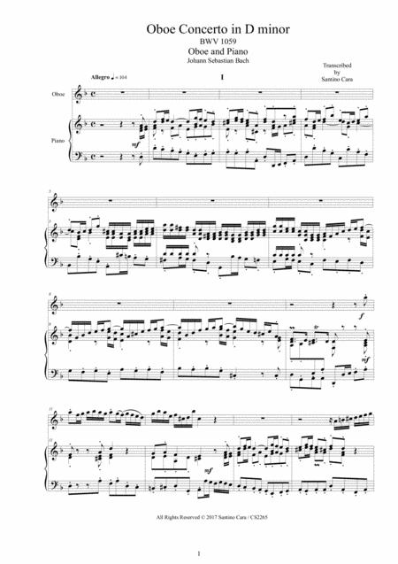 Bach Oboe Concerto In D Minor Bwv 1059 For Oboe And Piano Score And Part Sheet Music