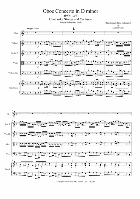 Bach Oboe Concerto In D Minor Bwv1059 For Oboe Strings And Continuo Sheet Music