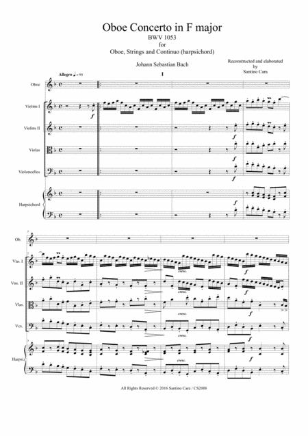 Bach Oboe Concerto In F Major Bwv1053 For Oboe Strings And Continuo Score And Parts Sheet Music