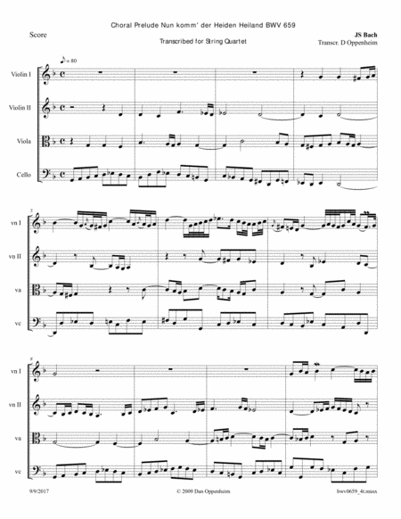 Bach Prelude Nun Komm Der Heiden Heiland Bwv 659 Transcribed For String Quartet Sheet Music