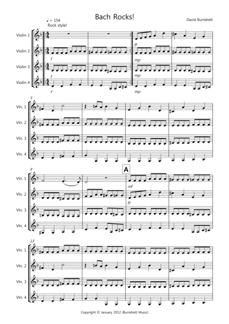 Bach Rocks For Violin Quartet Sheet Music