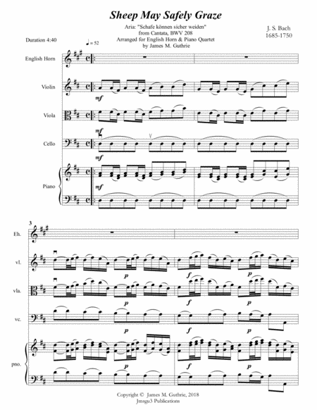 Free Sheet Music Bach Sheep May Safely Graze For English Horn Piano Quartet