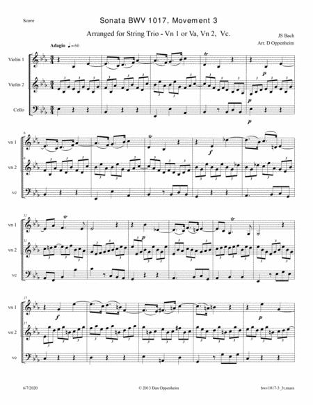 Free Sheet Music Bach Sonata For Violin And Keyboard Bwv 1017 3rd Movement Arranged For String Trio Violin 1 Or Viola Violin 2 Cello