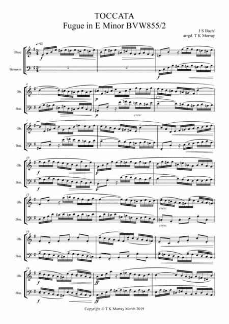 Bach Toccata Fugue In E Minor Bvw855 Oboe Bassoon Sheet Music