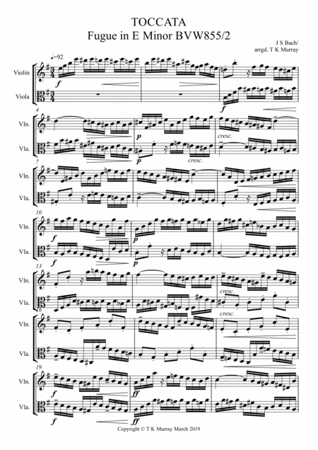 Bach Toccata Fugue In E Minor Bvw855 String Duo Violin Viola Sheet Music