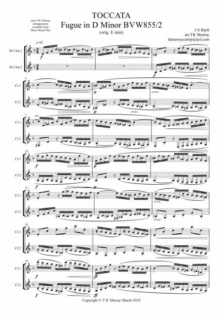 Bach Toccata Fugue In E Minor Bwv855 2 Clarinets Clarinet Duo Sheet Music