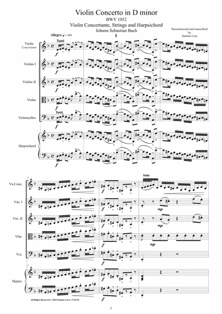 Bach Violin Concerto In D Minor Bwv1052 For Violin Strings And Harpsichord Sheet Music