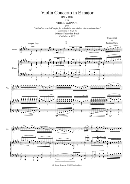Free Sheet Music Bach Violin Concerto In E Major Bwv1042 For Violin And Piano