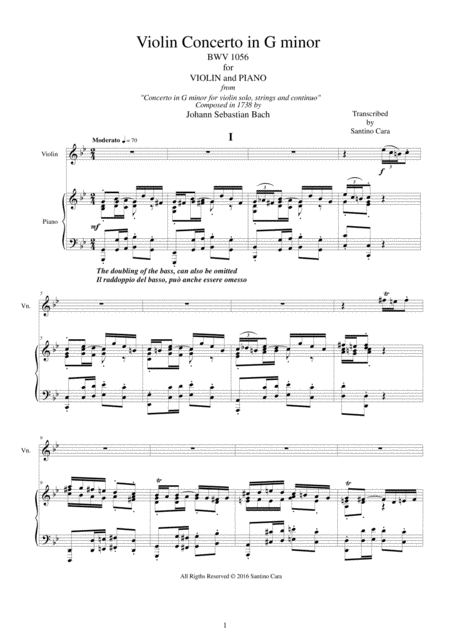 Bach Violin Concerto In G Minor Bwv 1056 For Violin And Piano Sheet Music