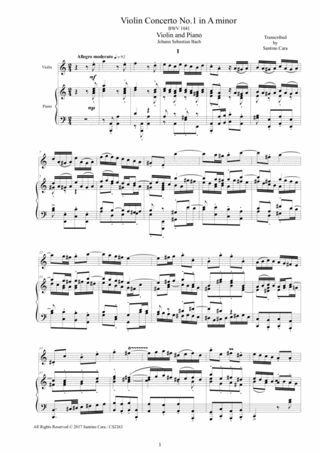 Free Sheet Music Bach Violin Concerto No 1 In A Minor Bwv 1041 For Violin And Piano