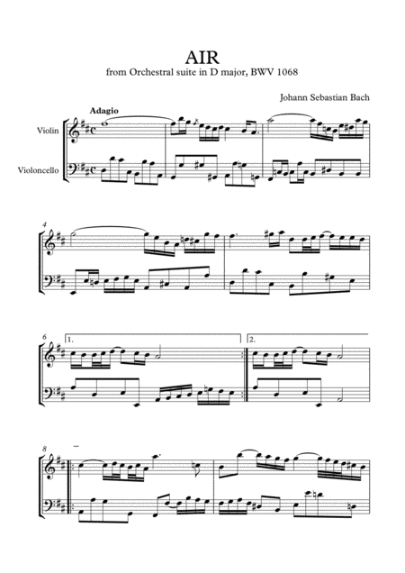 Bachs Air For Violin And Cello Sheet Music