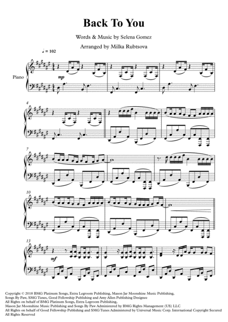 Free Sheet Music Back To You