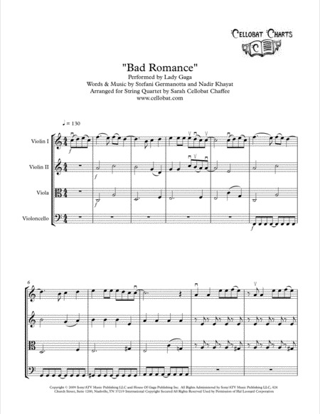 Bad Romance String Quartet Lady Gaga Arr Cellobat Sheet Music