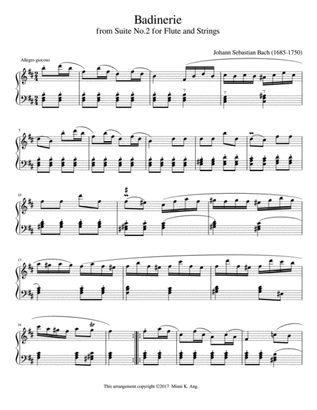 Badinerie By Js Bach For Easy Piano Sheet Music