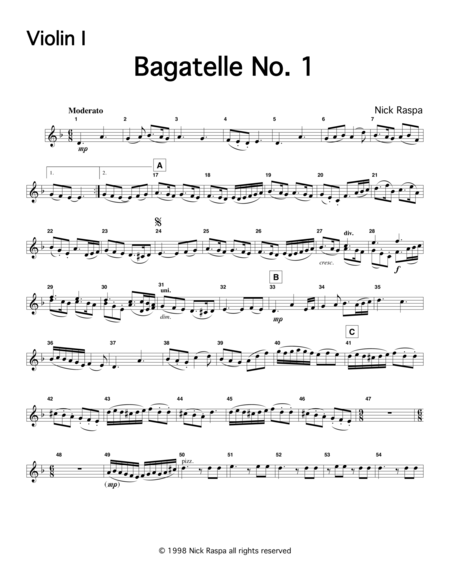 Free Sheet Music Bagatelle No 1 Violin 1 Part