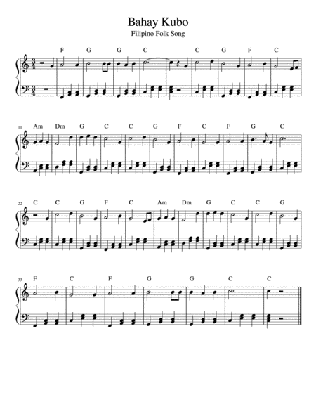 Bahay Kubo Filipino Folk Song Easy Piano With Chords Sheet Music