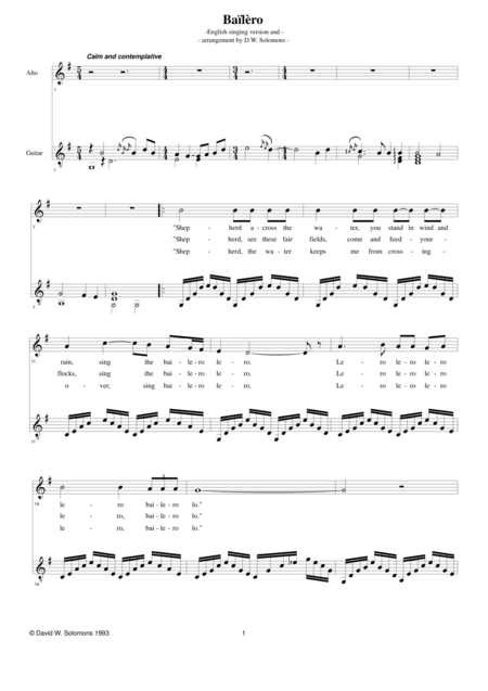 Bailero English Singing Translation For Alto And Guitar Sheet Music