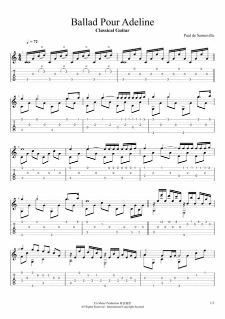 Free Sheet Music Ballad Pour Adeline Classical Guitar