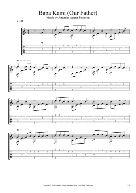 Bapa Kami Our Father Fingering Guitar Solo Sheet Music