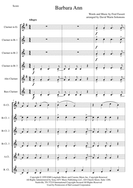 Barbara Ann For Clarinet Sextet Or Clarinet Choir Sheet Music