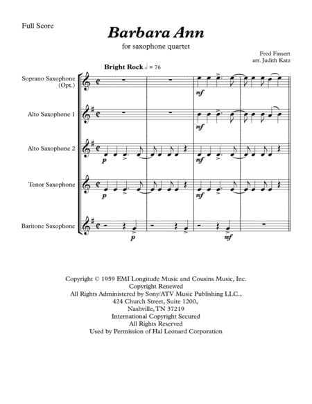 Free Sheet Music Barbara Ann For Saxophone Quartet Optional Soprano Sax