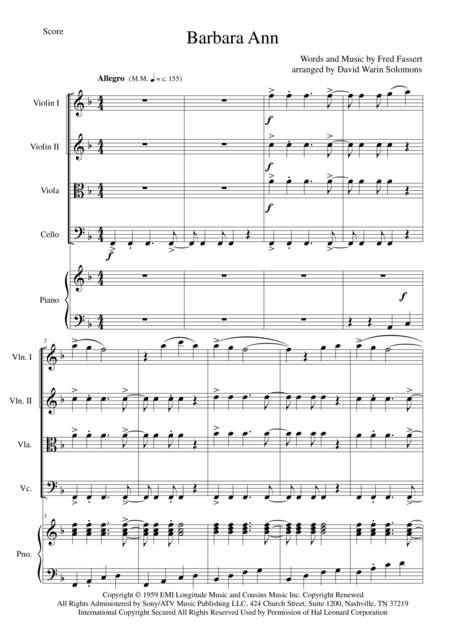 Free Sheet Music Barbara Ann For String Quartet And Piano