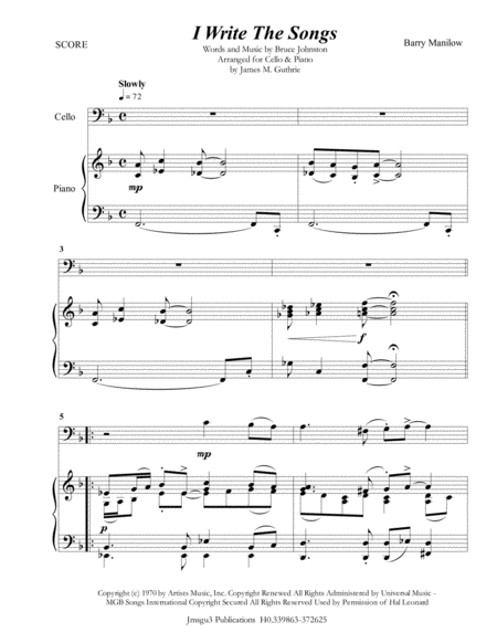 Free Sheet Music Barry Manilow I Write The Songs For Cello Piano