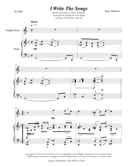 Free Sheet Music Barry Manilow I Write The Songs For English Horn Piano