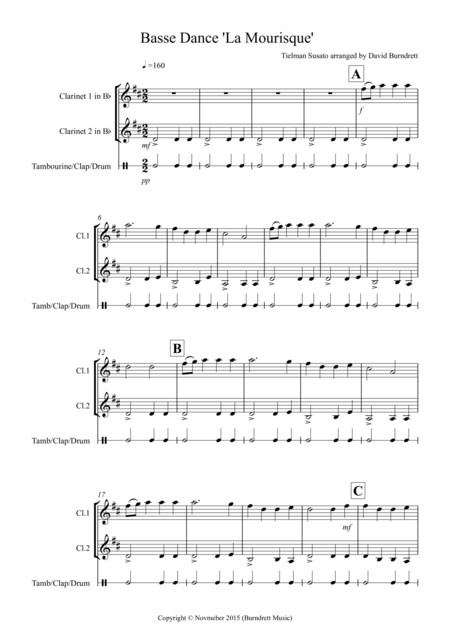 Basse Dance By Susato For Clarinet Duet Sheet Music