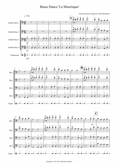 Basse Dance By Susato For Double Bass Quartet Sheet Music