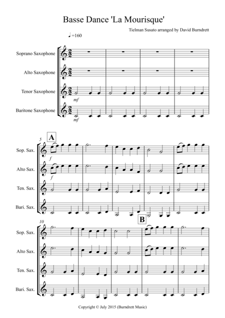 Free Sheet Music Basse Dance By Susato For Saxophone Quartet