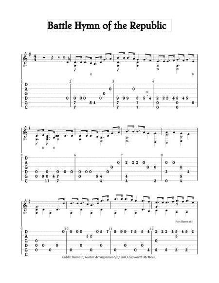 Battle Hymn Of The Republic For Fingerstyle Guitar Tuned Cgdgad Sheet Music