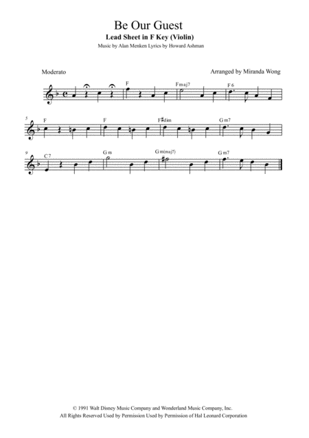 Be Our Guest Violin Solo In F Key With Chords Main Theme Sheet Music