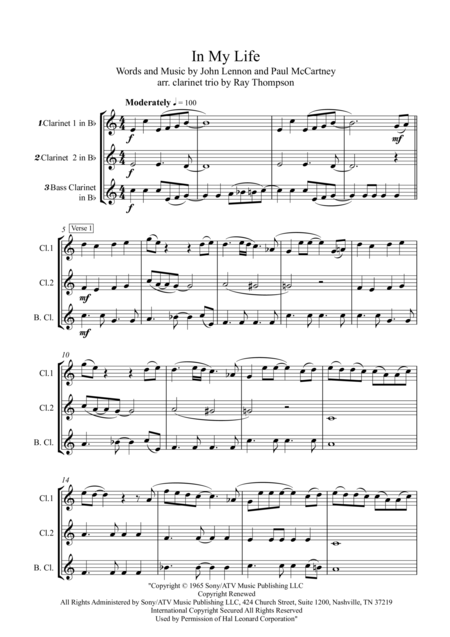 Free Sheet Music Beatles In My Life Clarinet Trio