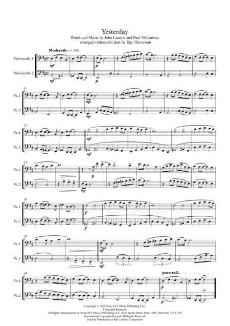 Beatles Yesterday Violoncello Duet Sheet Music