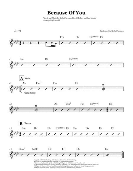 Because Of You Lead Sheet Performed By Kelly Clarkson Sheet Music