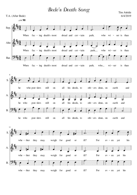 Free Sheet Music Bedes Death Song