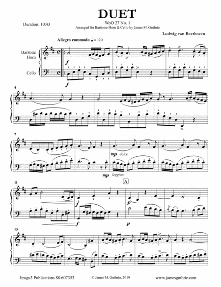 Free Sheet Music Beethoven Duet Woo 27 No 1 For Baritone Horn Cello