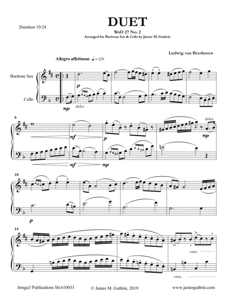 Beethoven Duet Woo 27 No 2 For Baritone Sax Cello Sheet Music