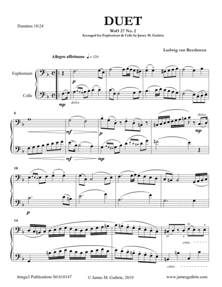 Beethoven Duet Woo 27 No 2 For Euphonium Cello Sheet Music