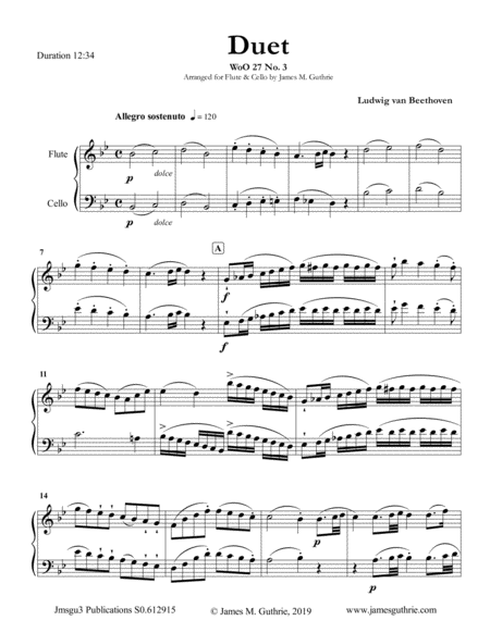 Beethoven Duet Woo 27 No 3 For Flute Cello Sheet Music