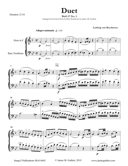 Beethoven Duet Woo 27 No 3 For French Horn Bass Trombone Sheet Music