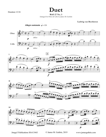 Beethoven Duet Woo 27 No 3 For Oboe Cello Sheet Music